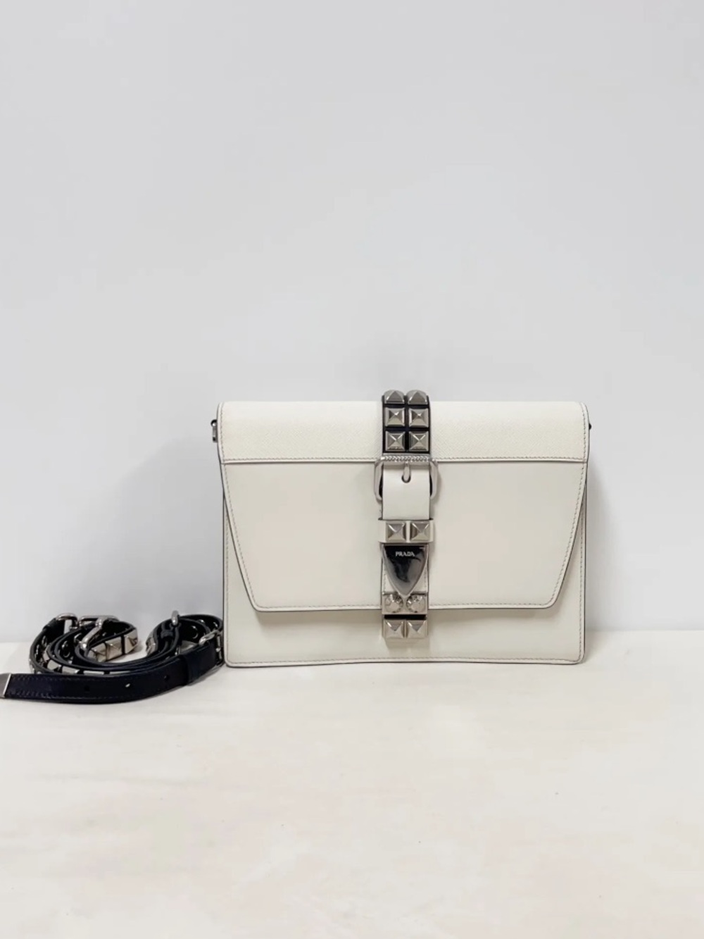Prada White Leather Crossbody with Studded Center Strap